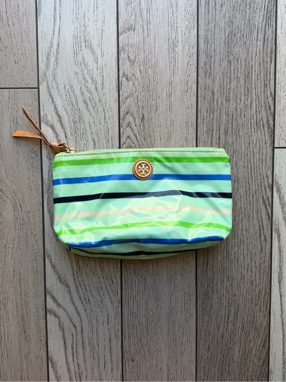 Tory Burch Neon Green and Blue Striped Zip Pouch